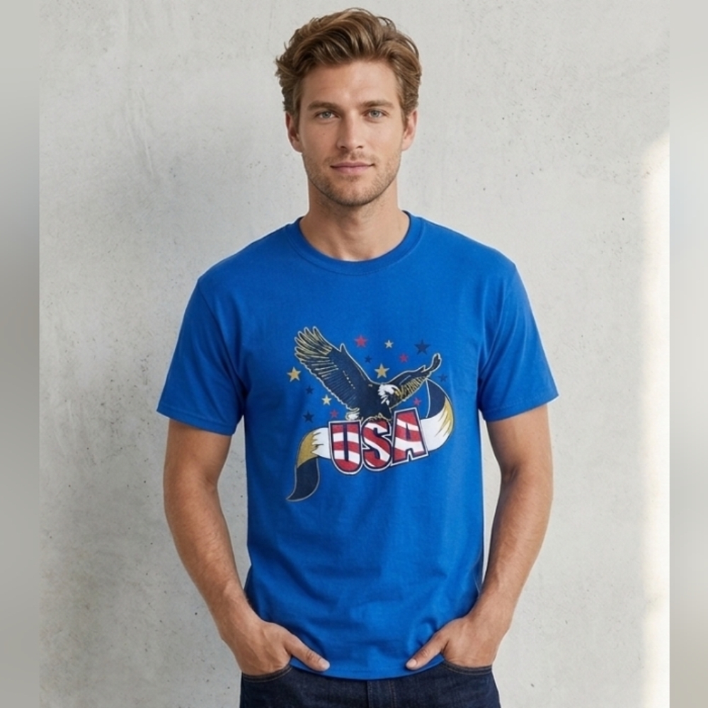Vintage Gildan USA Eagle Graphic T-Shirt XL Blue Patriotic American Flag 90s